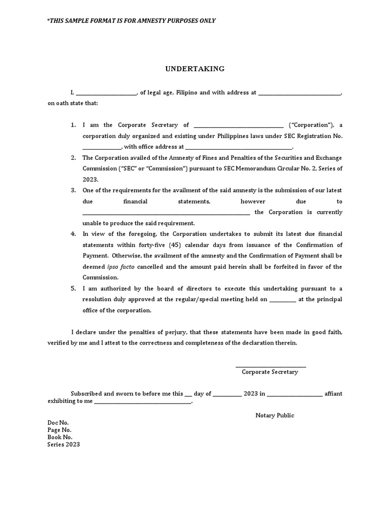 SEC Amnesty Undertaking Sample Format | PDF | Affidavit | Common Law