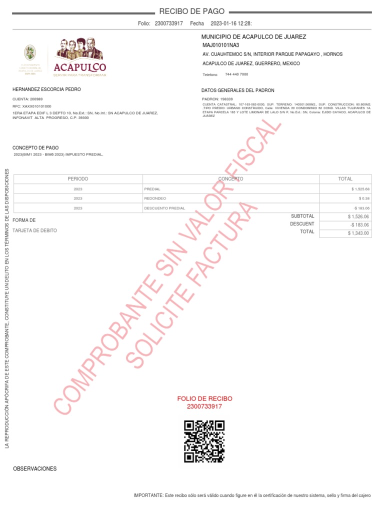 Recibo de Pago Predial Acapulco 2023 | PDF
