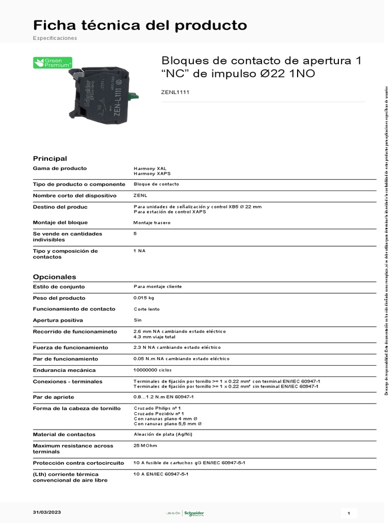 Schneider Electric ZENL1121 – Bloque De Contacto 1NC De Impulso Para Unidades De Señalización Y Control XB5 Ø22mm