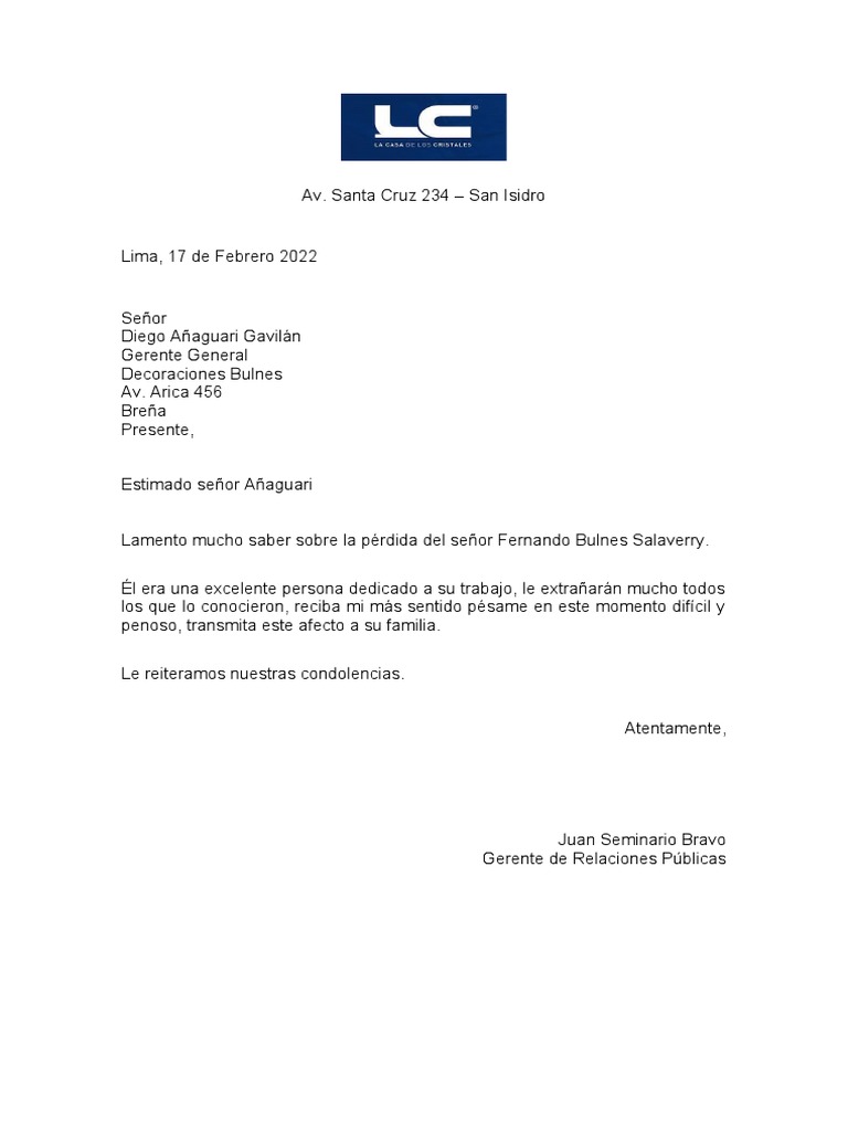 Carta De Condolencias Pdf