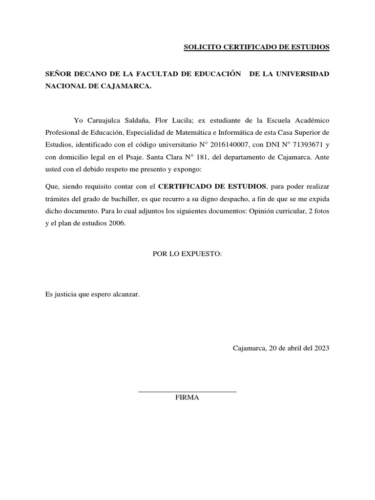 Solicitud de Certificado de Estudios | PDF