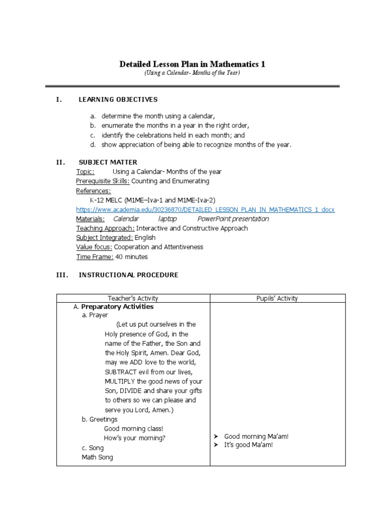 Grade 1 Math Lesson: Months of the Year | PDF