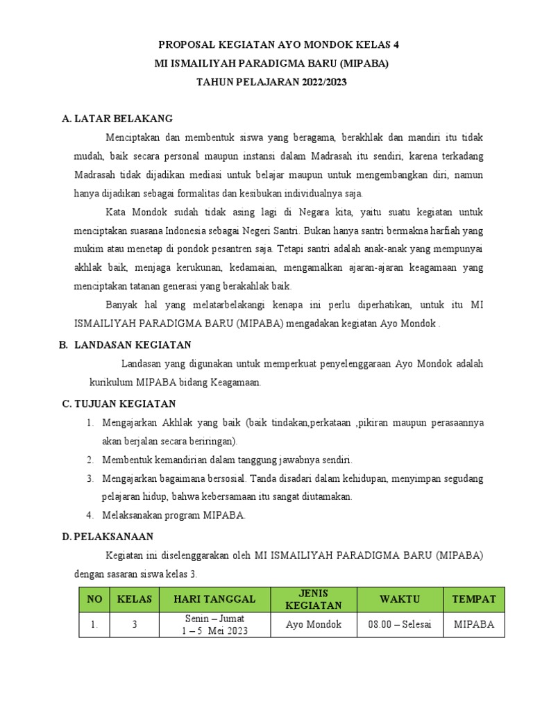 Proposal Kegiatan Ayo Mondok Kelas 3 | PDF
