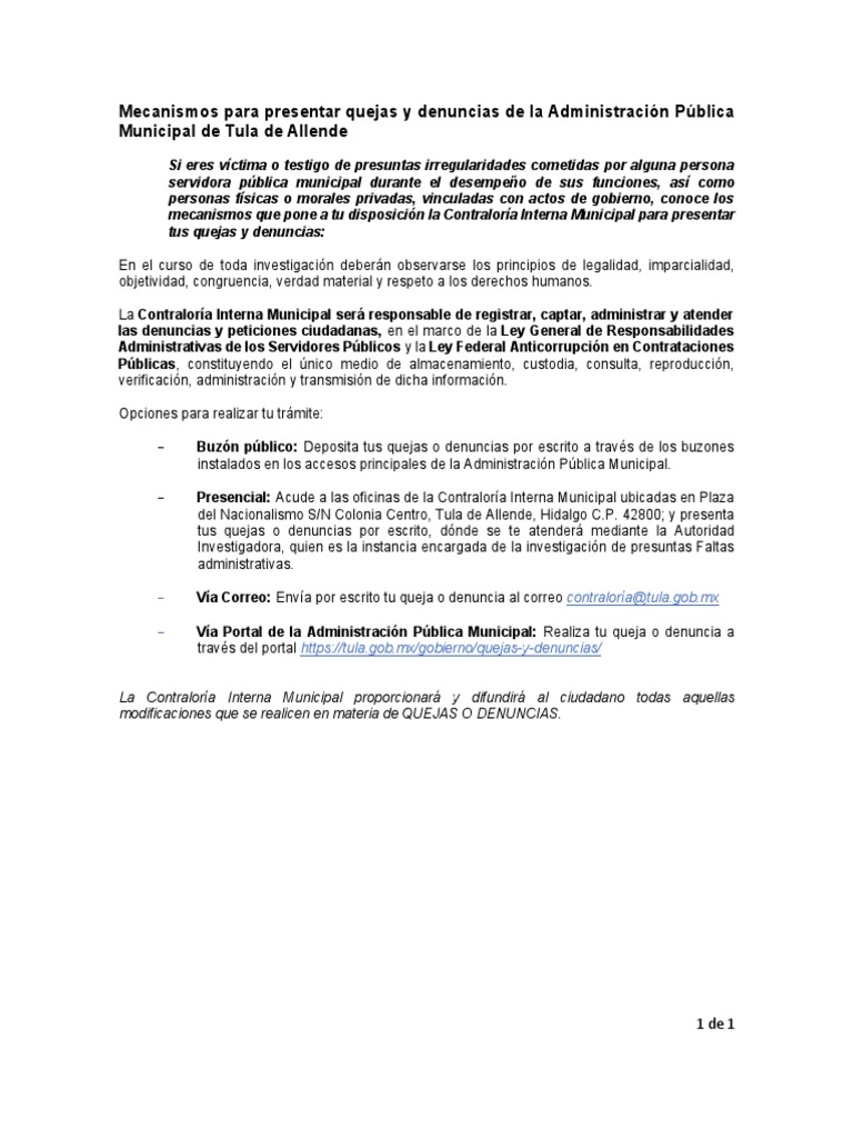 Mecanismos para Presentar Queja y Denuncia PDF | PDF