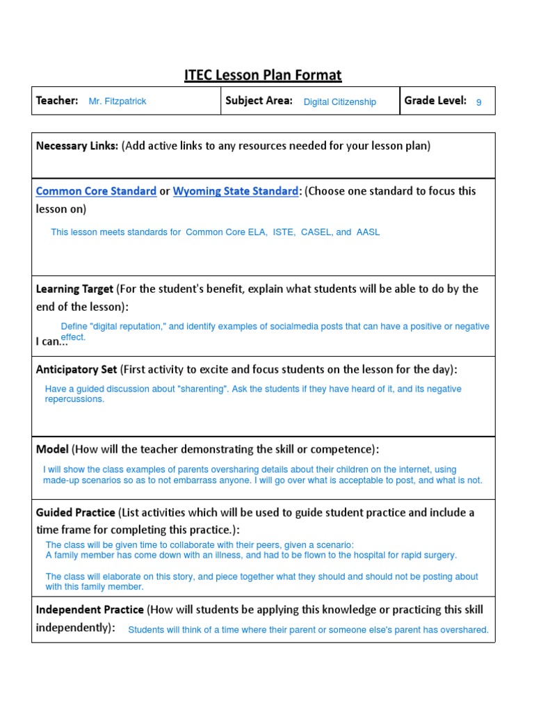Digital Citizenship Lesson PDF Lesson Plan Learning