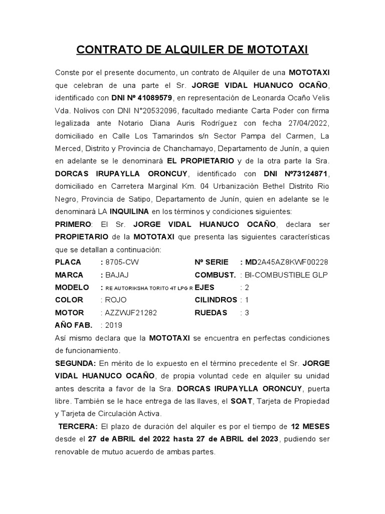 Contrato de Alquiler de Mototaxi | PDF