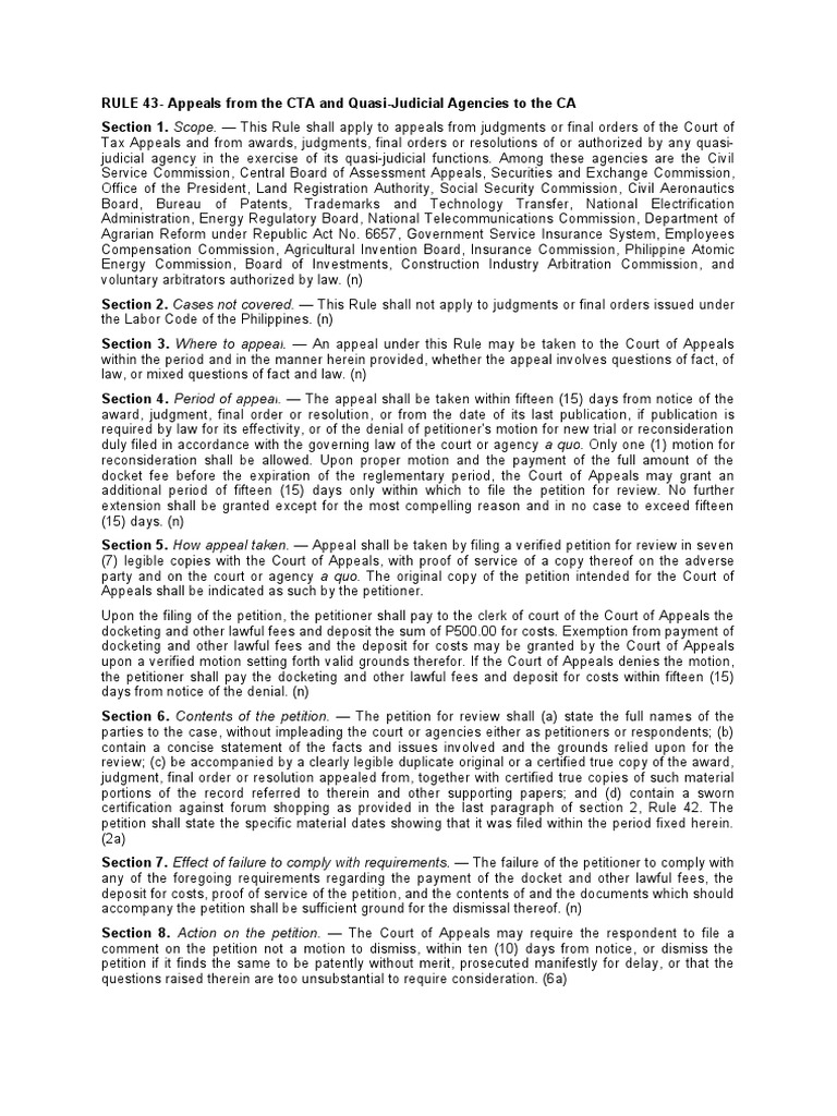 RULE 43 - Appeals From The CTA and Quasi-Judicial Agencies To The CA ...