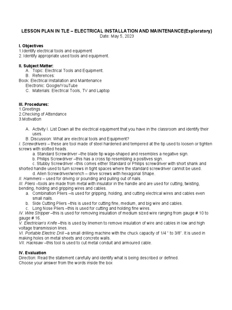 Lesson Plan - Electrical Tools and Equipment | PDF | Wire | Insulator
