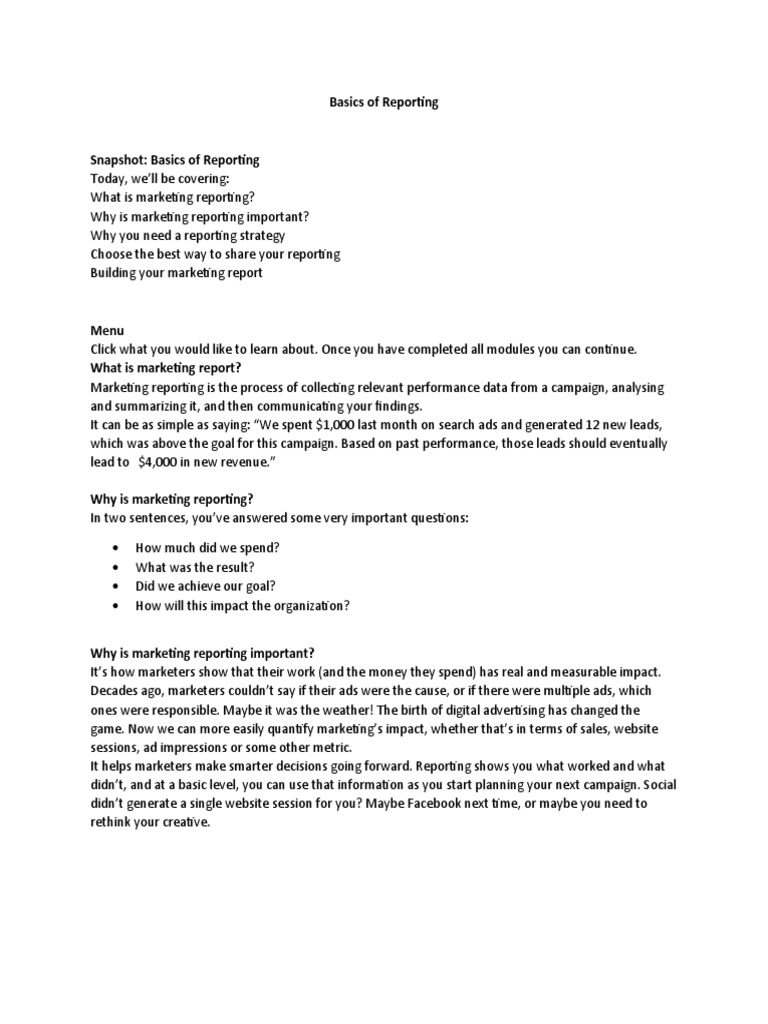 Basics of Reporting | PDF | Marketing | Chart