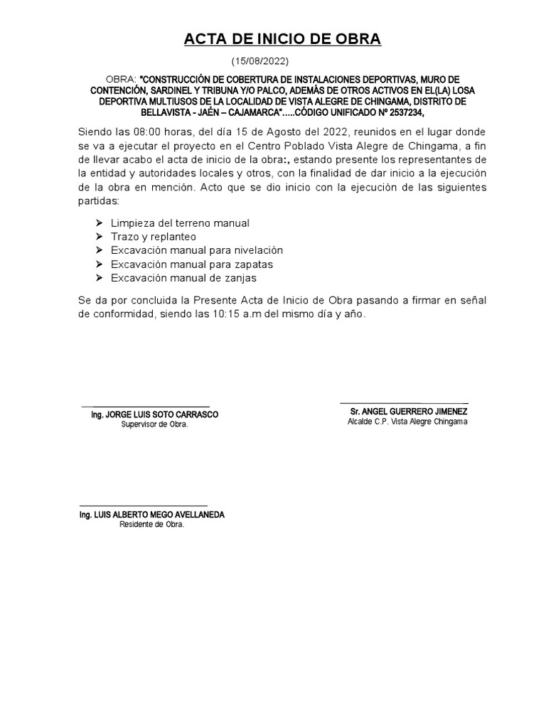 Acta de Inicio de Obra Vista Alegre | PDF | Hogar, jardinería y bricolaje