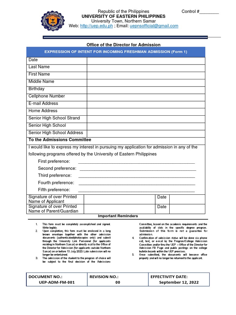 UEP Freshman Admission Intent Form | PDF | Bachelor Of Science ...
