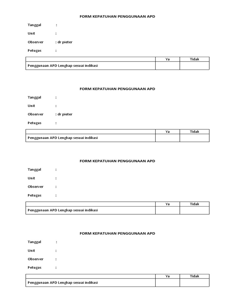 Formulir Kepatuhan Penggunaan APD | PDF