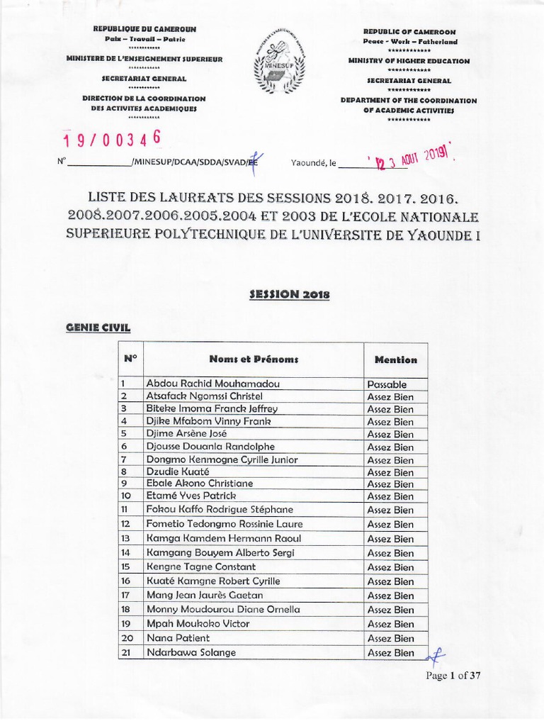 Liste Des Laureats de ENSPY Sessions 2003 2008 2016 2018 PDF | PDF