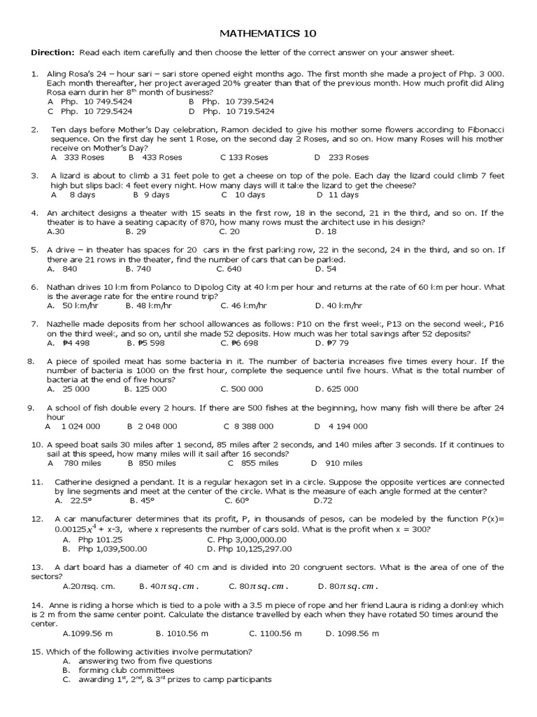 Math 10 Exam Questions and Answers | PDF | Measure (Mathematics) | Angle