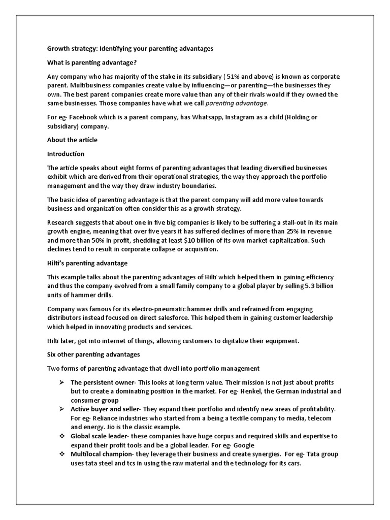 Group 7 Identfiying Your Parenting Advantages PDF Business