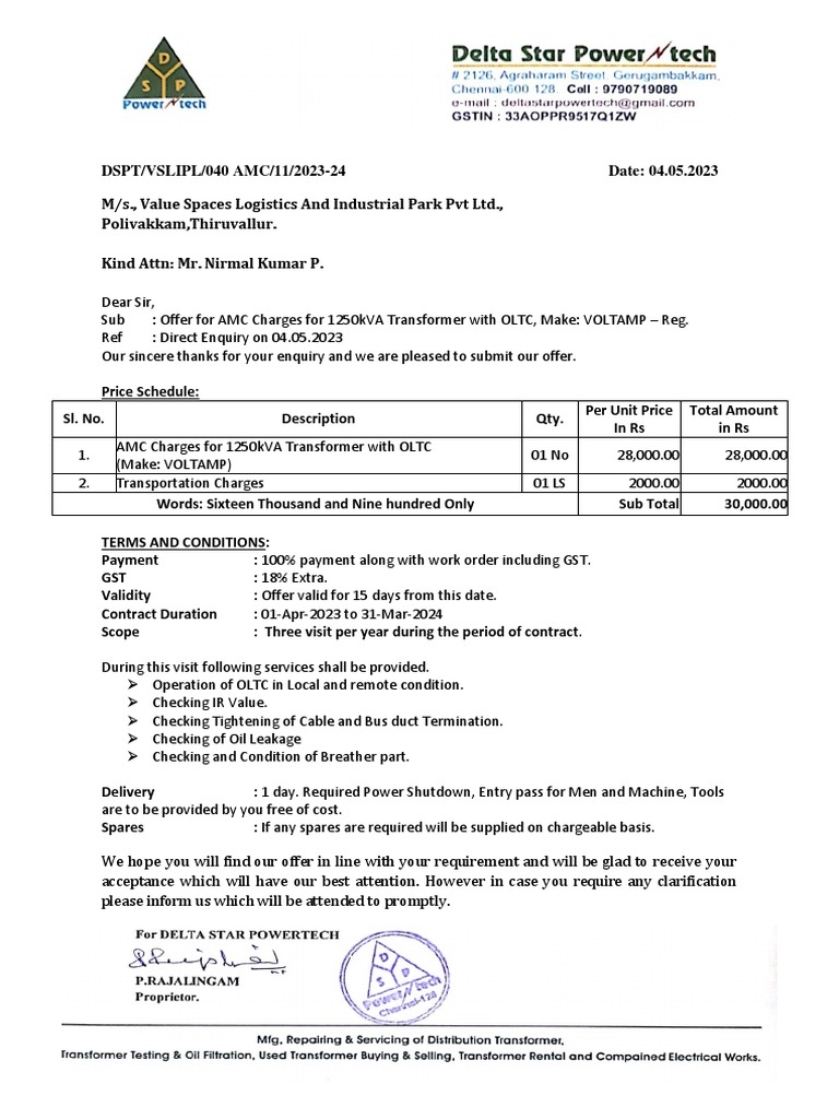 amc-quotation-for-1250kva-transfoemr-vslippl-pdf-pdf