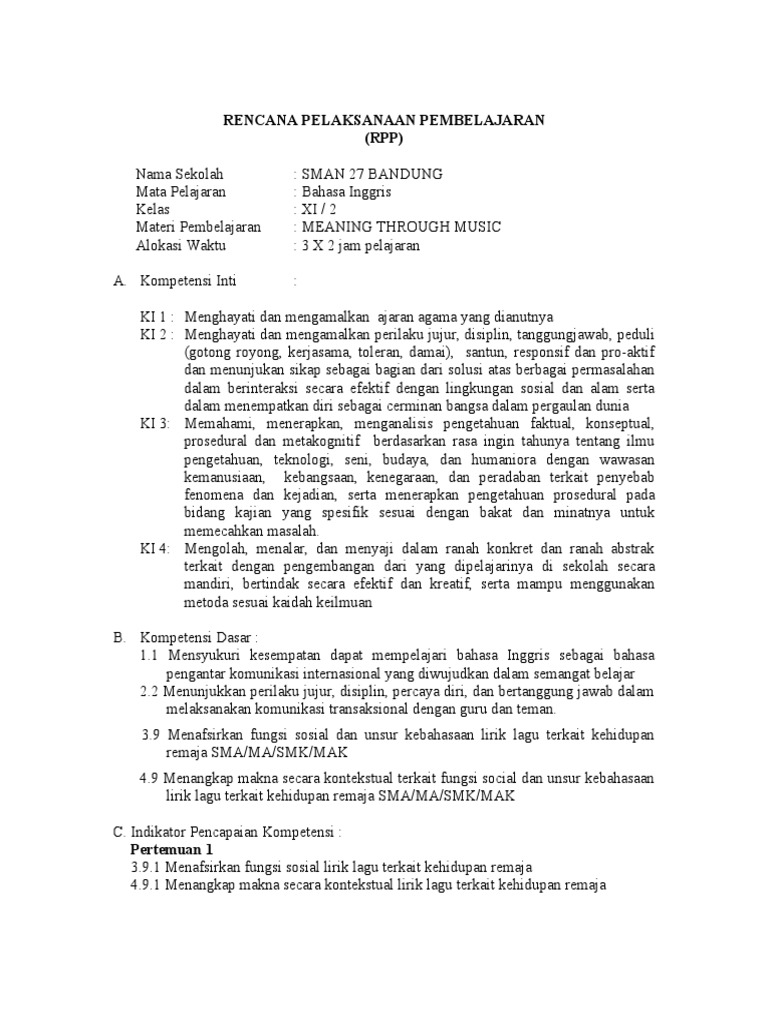 RPP Pembelajaran Makna Melalui Musik | PDF