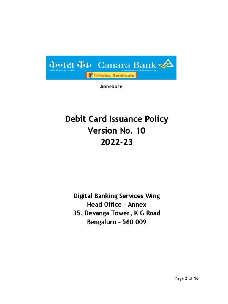 Canara Bank Debit Card Issuance Policy | PDF | Debit Card | Emv