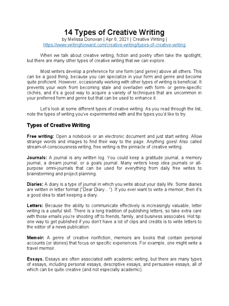 14 Types of Creative Writing Explained | PDF | Plot (Narrative) | Narrative