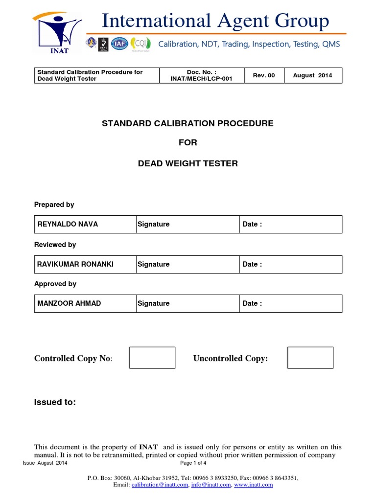 Standard Calibration Procedure for Dead Weight Tester PDF Calibration