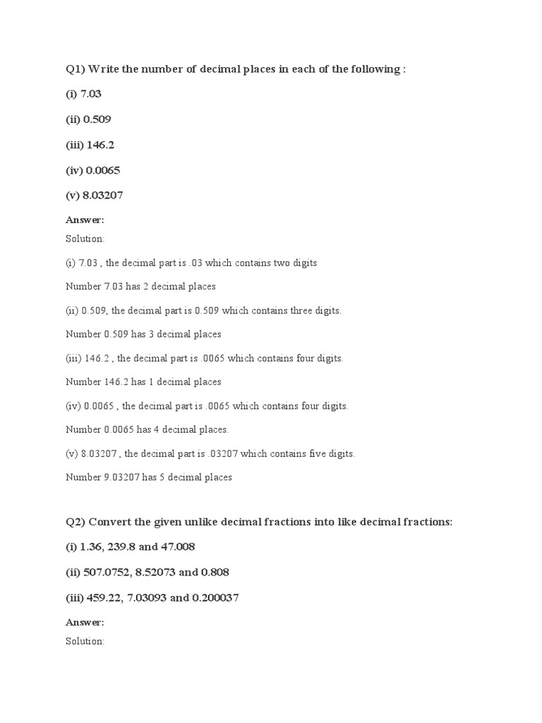 Decimal Fraction Answers | PDF | Numbers | Decimal