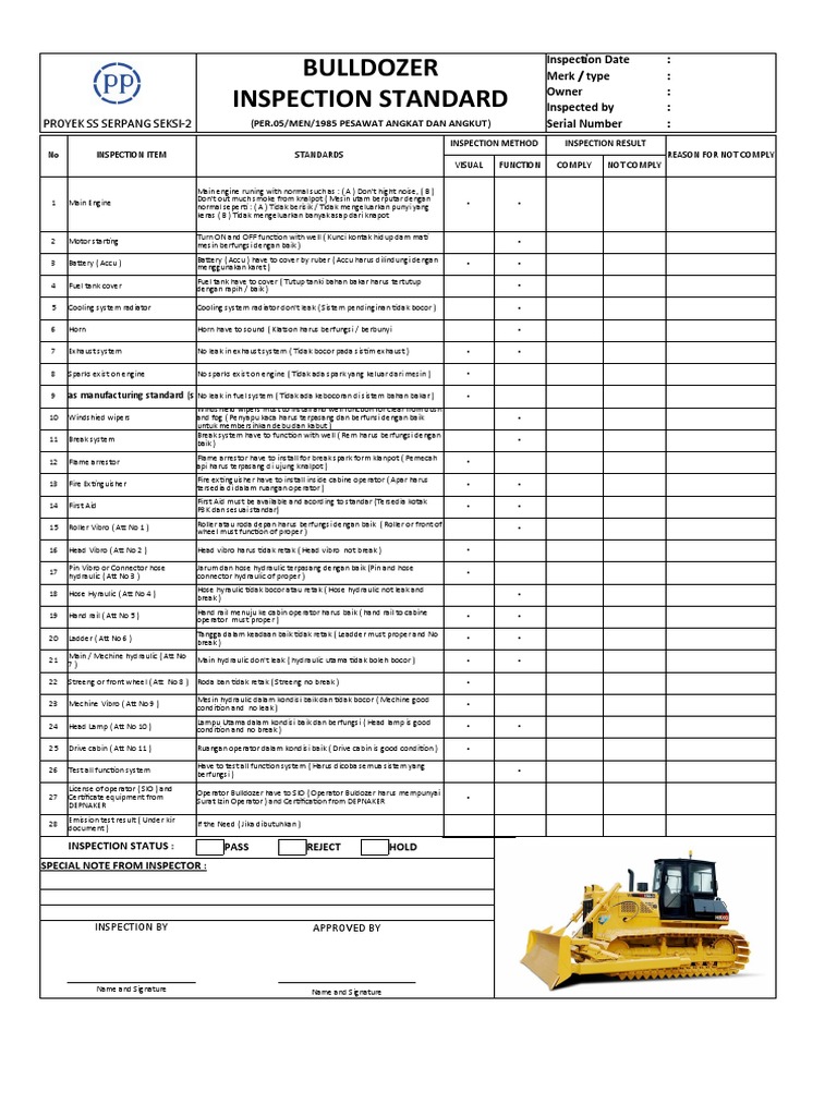 Inspeksi Standar Bulldozer SS Serpang | PDF