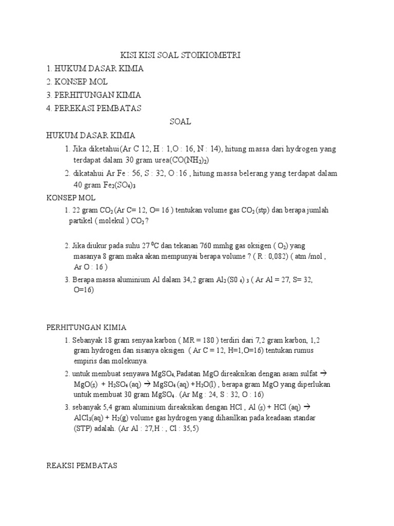 Kisi-Kisi Soal Stoikiometri Kelas 11 | PDF | Metode & Bahan Ajar