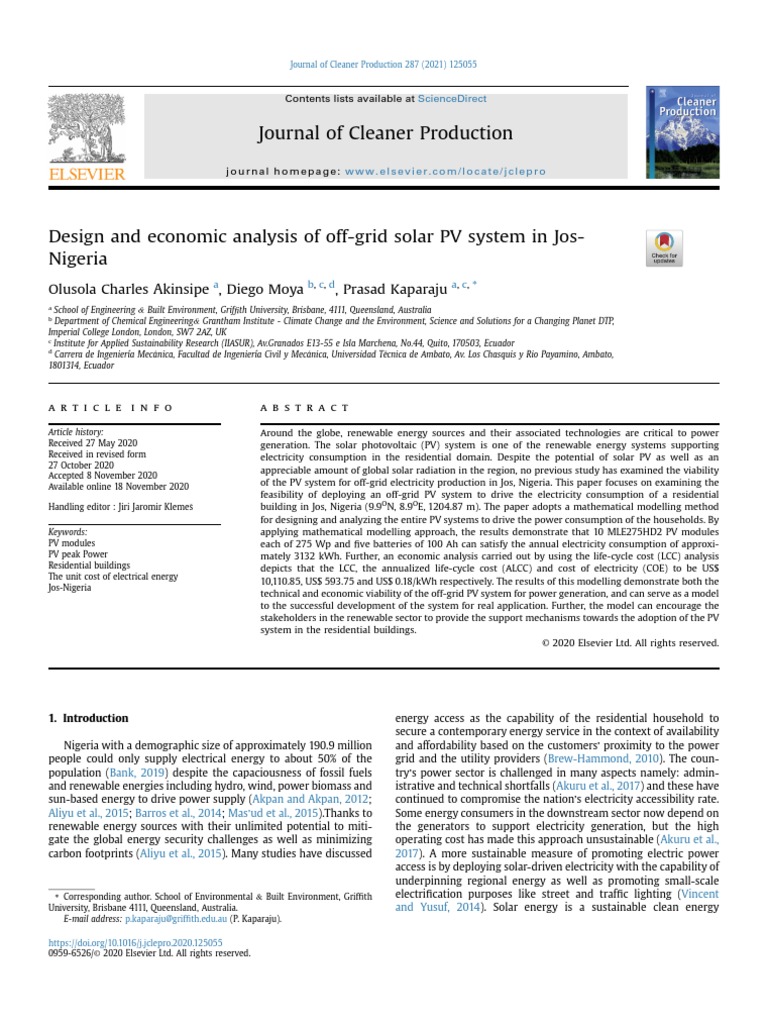 Design and Economic Analysis of Off-Grid Solar PV System in Jos-Nigeria ...