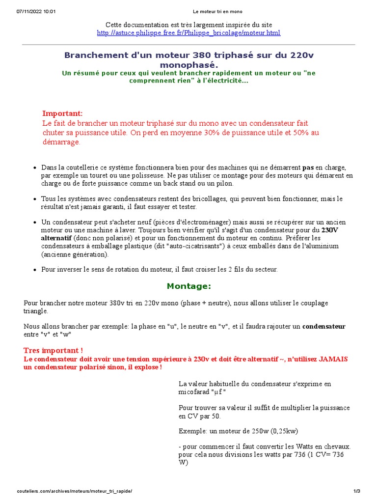 Branchement moteur triphasé en monophasé PDF Grandeur physique — free download