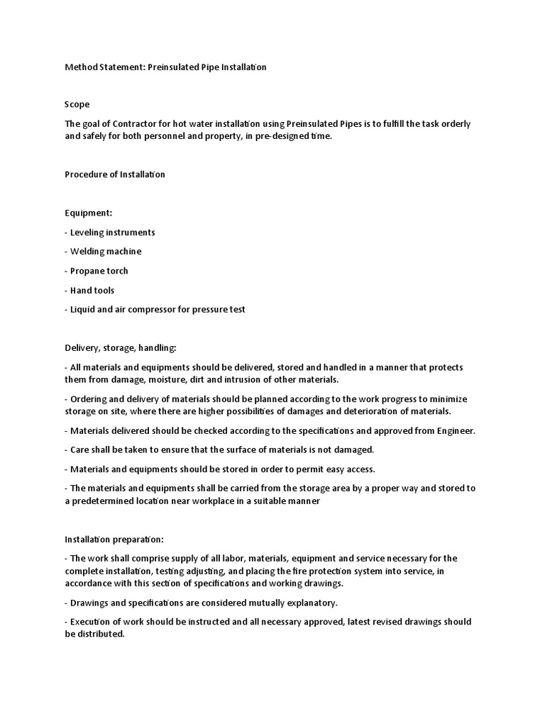 Method Statement for Preinsulated Pipe Installation | PDF