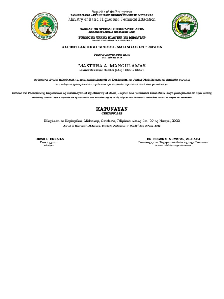 Junior High School Completion Certificate | PDF