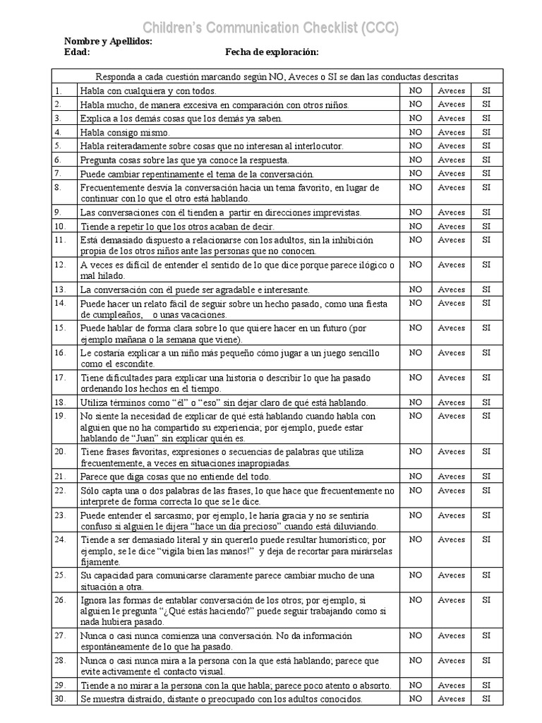 Evaluación de Comunicación Infantil CCC | PDF