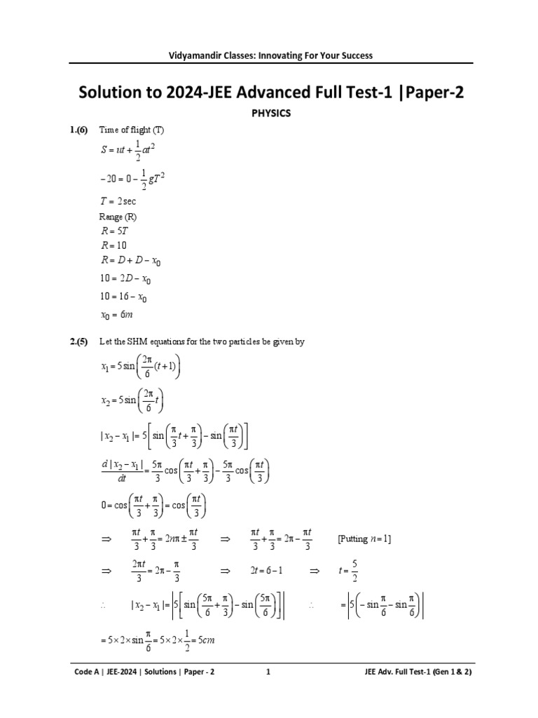 2024JEE Advanced Full Test1 Paper2 Solutions PDF PDF Tangent