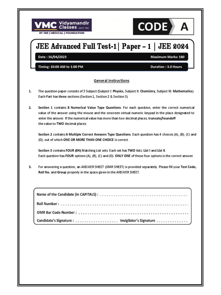 JEE Advanced 2024 Paper 1 Overview | PDF | Gases | Applied And ...