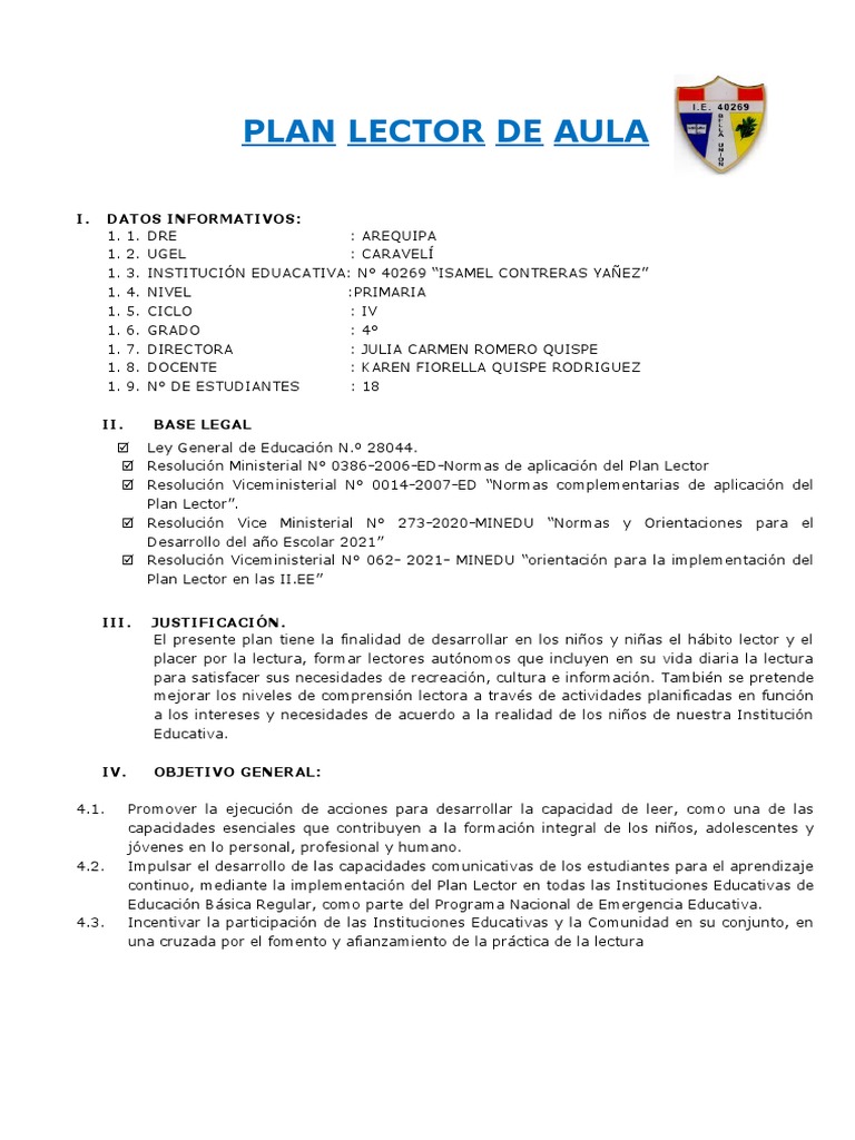 PLAN LECTOR DE AULA 4° GRDO | PDF | Maestros | Salón de clases