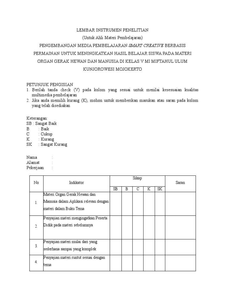 Lembar Instrumen Penelitian Pembelajaran | PDF