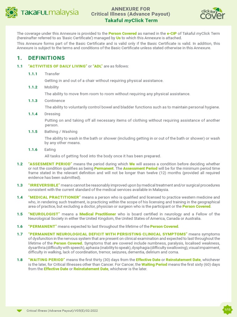 Takaful Myclick Term (Advanced) Certificate Wording | PDF