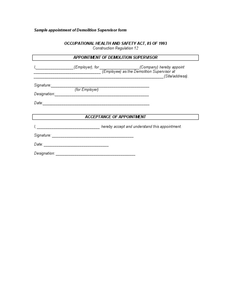 Demolition Supervisor Appointment Form | PDF