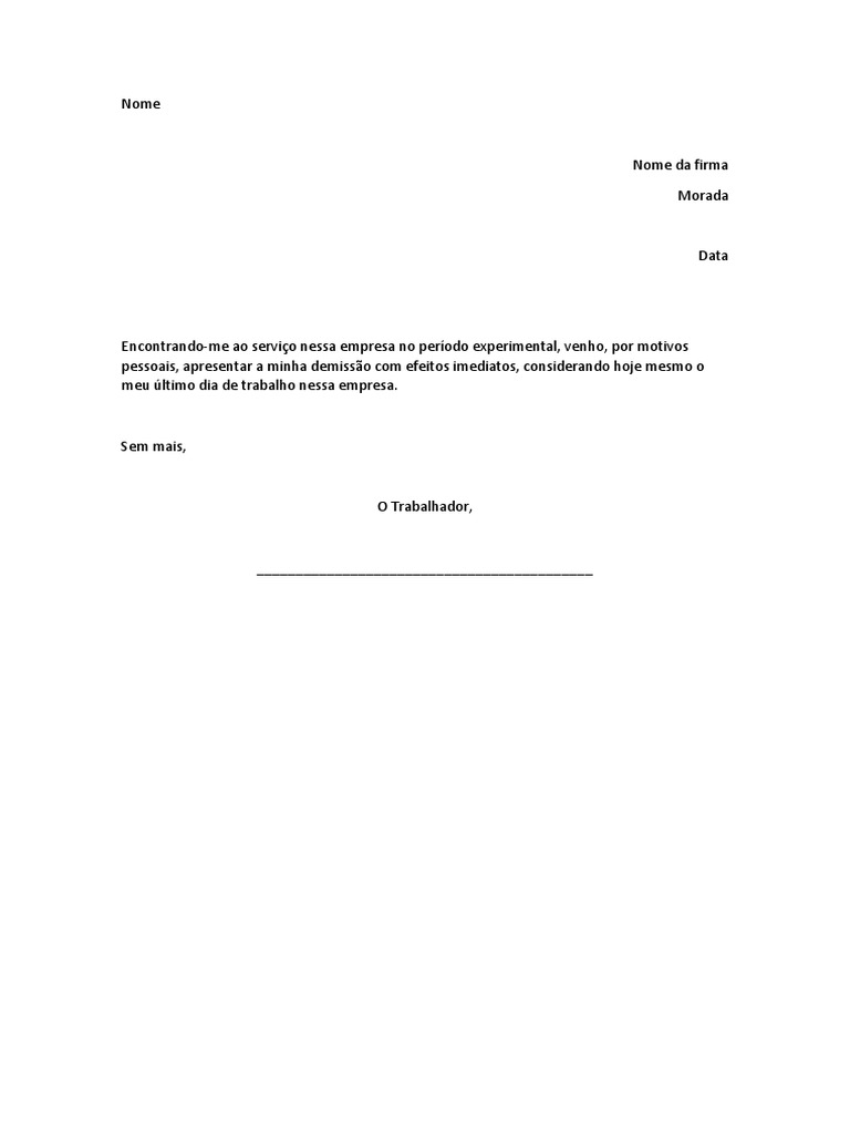 Carta de Demissão Periodo Experimental PDF | PDF 