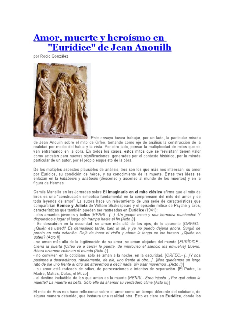 Amor Muerte y Heroismo en Euridice de Jean Anouilh PDF Orfeo Amor