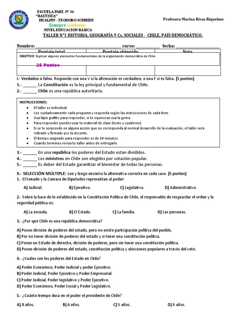 Taller sobre Democracia en Chile | PDF | Separación de poderes | Estado ...