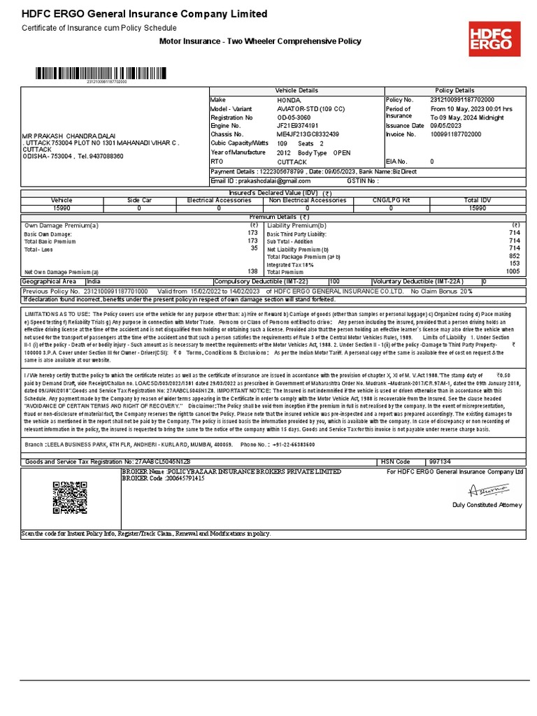 Motor Insurance Two Wheeler Comprehensive Policy PDF Insurance