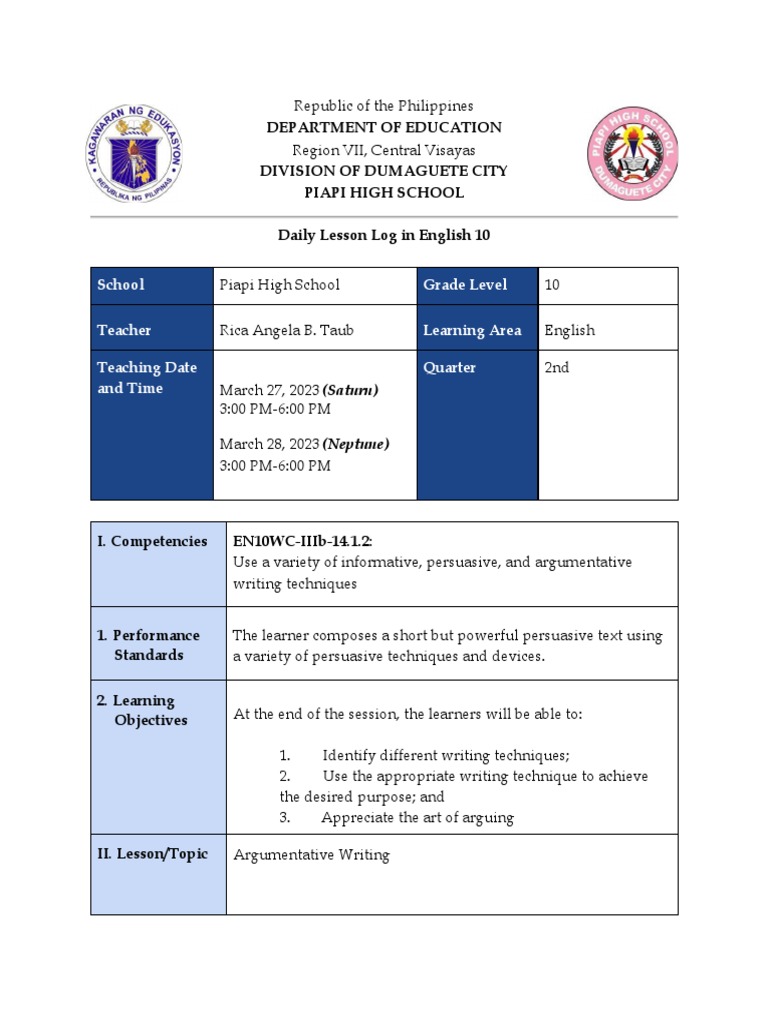 English 10 Lesson Plan 4 Argumentative Essay Writing Taub Rica Angela B ...