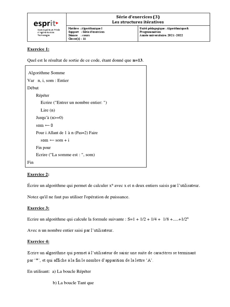 Exercices d'Algorithmique I : Structures Itératives | PDF | Entier ...