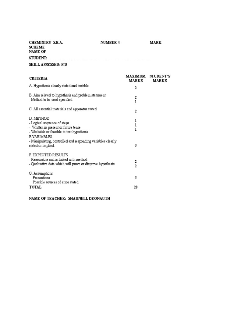 Chemistry S.B.A. Assessment Criteria | PDF