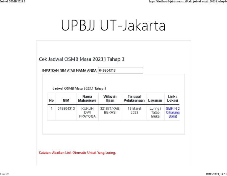 Jadwal OSMB 2023.1 Jakarta UT | PDF