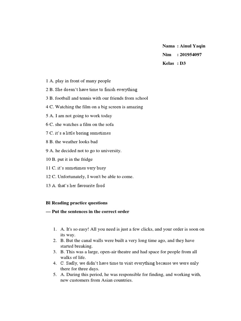 Tugas Reading A2 B1 Pdf