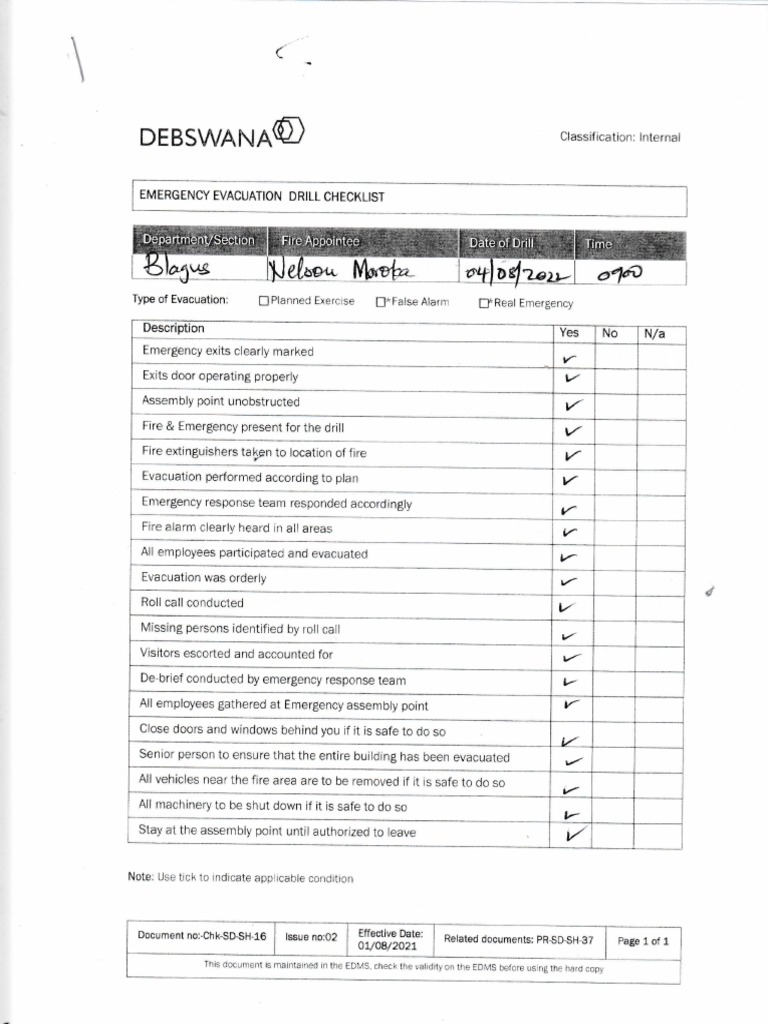 Emergency Evacuation Drill Checklist | PDF | Occupational Safety And ...