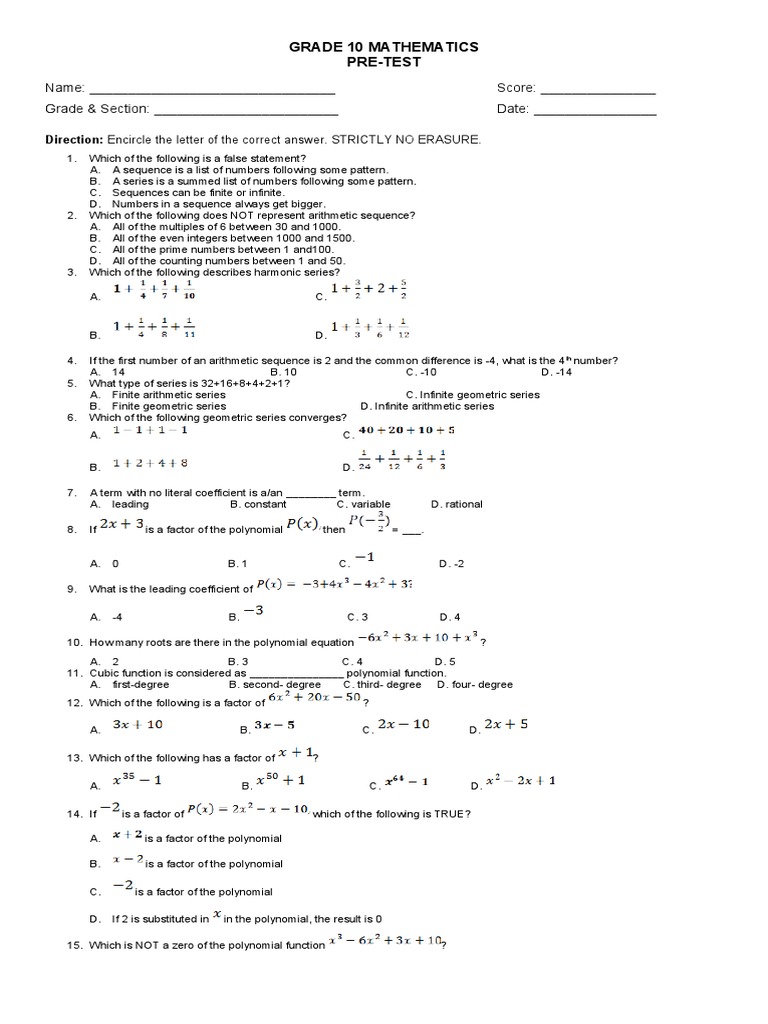 Pre Test Math10 Q1 Pdf