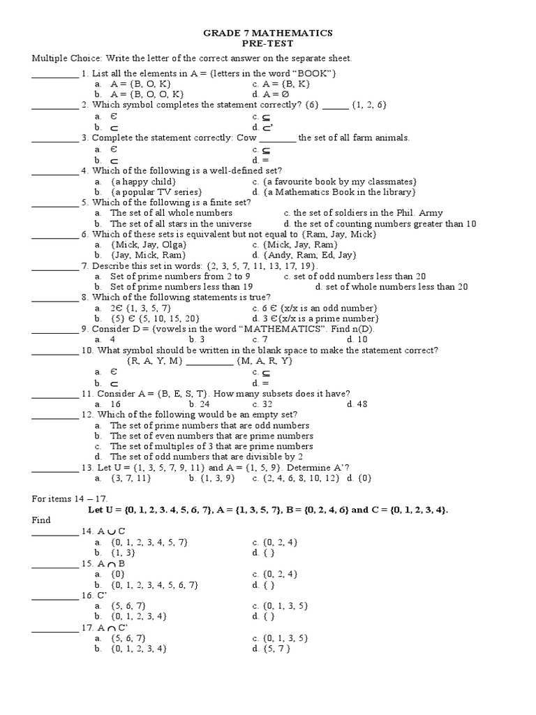Pre Test Math7 - Q1 | PDF | Numbers | Rational Number